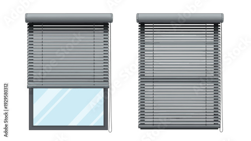 Comparison of two horizontal window blinds with one being partially open to show the glass and the other fully closed.