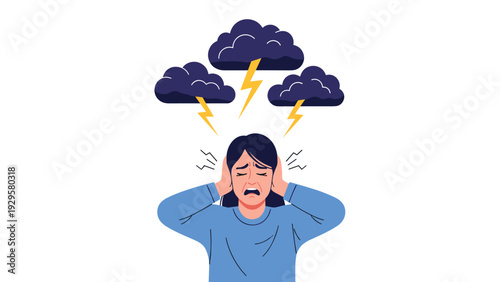 Young woman covering her ears in distress while dark storm clouds with lightning bolts hover above her head.
