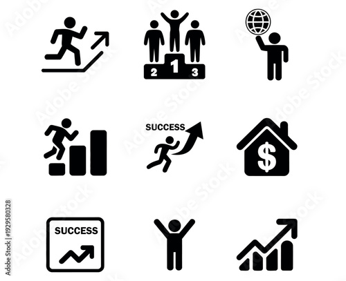 Business Success and Career Growth Icon Set with Achievement Goal and Motivation Symbols Vector Illustration.
