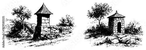 Collection of two vintage woodcut vignettes showing rustic stone shrines in a landscape