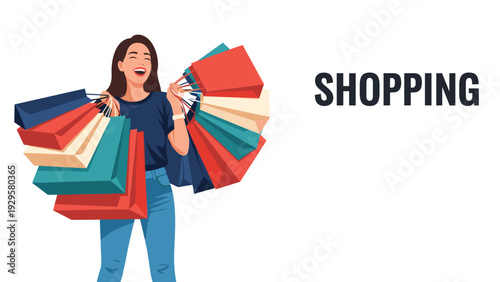 Cheerful woman holding numerous colorful shopping bags while laughing against a white background with shopping text.