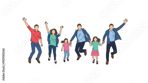 Diverse group of happy family members including parents and children jumping for joy with their arms raised in the air.