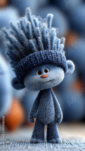 Small blue fuzzy troll character with knit hat 3D render