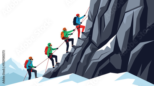 Group of four mountaineers climbing a steep rock wall together using ropes and safety equipment in a snowy landscape.