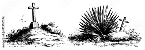 Set of landscape engravings featuring a stone cross on a hill and near plants