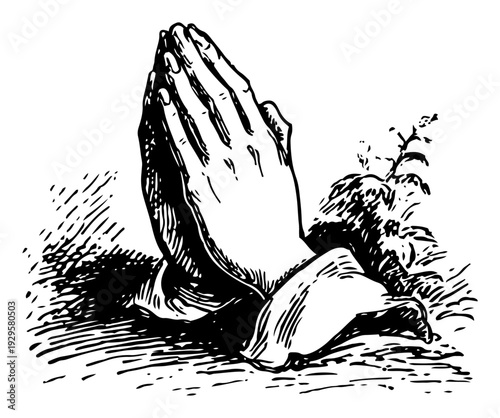 Detailed vintage woodcut illustration of human hands folded in prayer for religious and spiritual themes