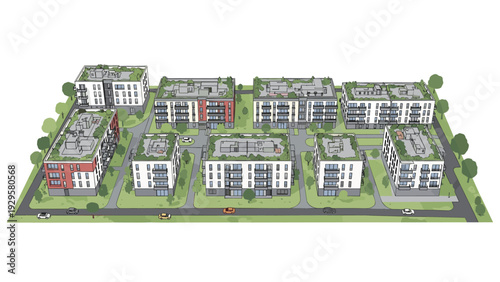 Aerial view of a modern residential apartment complex featuring multiple buildings with green rooftop gardens and paths.