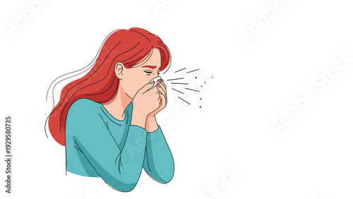 Young woman with red hair sneezing into a white tissue while showing symptoms of a cold, flu, or seasonal allergy.