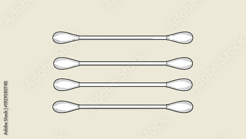 Four identical cotton swabs or q-tips used for ear cleaning and hygiene arranged horizontally on a plain background.