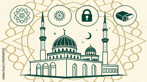 Elegant mosque architecture with Islamic symbols at night