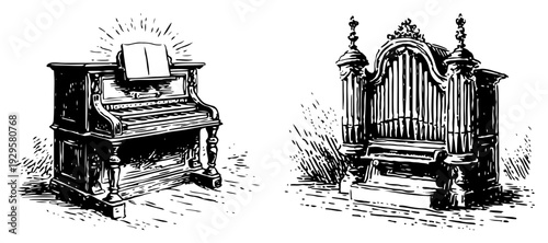 Vintage woodcut style illustrations of a church pipe organ and a piano with a glowing hymnal book