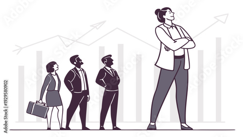 Confident businesswoman standing out from the crowd with growth graph