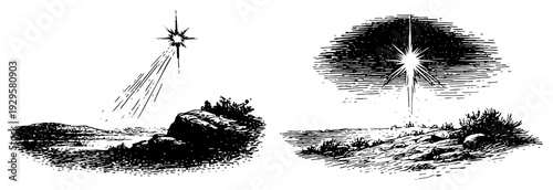 Vintage woodcut style illustrations of the star of Bethlehem shining brightly over a dark landscape