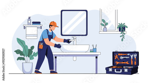 Plumber in blue overalls and an orange cap fixing a leaky faucet in a bathroom with his toolbox open on the floor.