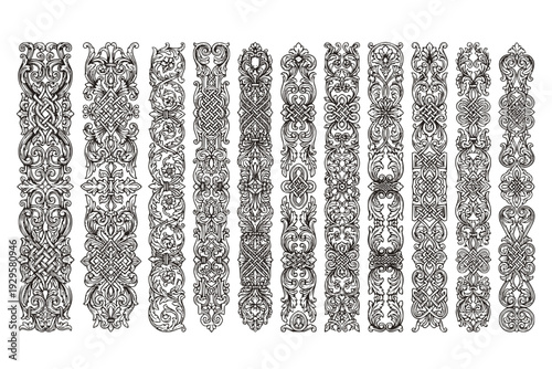 Vintage Engraved Baroque Vertical Border Set - Black Vector Floral Strapwork and Knot Side Panels Isolated on White