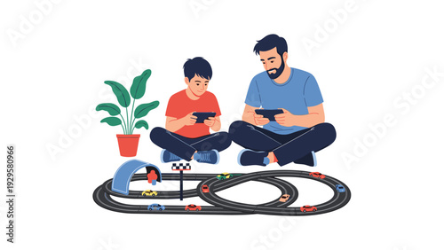 Father and his young son sitting on the floor together while playing with a toy racing car track and smartphones.