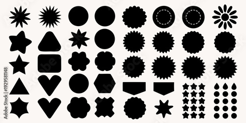 Collection of abstract black shapes and patterns against a light background