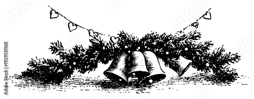 Classic engraving of Christmas bells decorated with pine boughs and heart garland