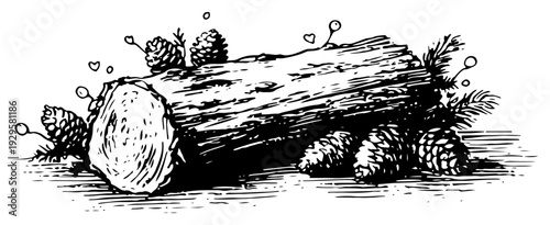 Rustic vintage illustration of a wooden log with pine cones and decorative hearts