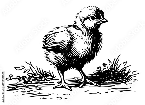 Detailed vintage woodcut illustration of a fluffy baby chick standing on grass