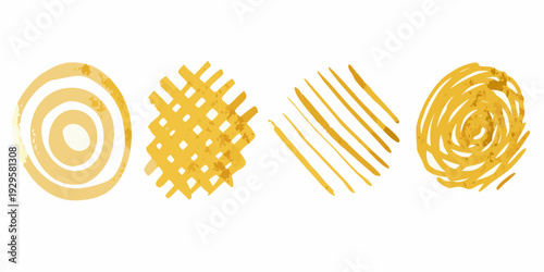 Four abstract golden shapes a circle grid lines and spiral