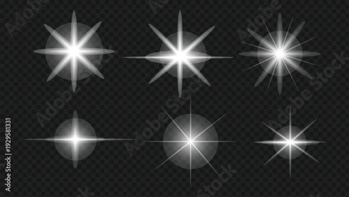 Collection of white starburst effects on black background