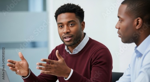 Two professionals engaged in a serious business discussion at a meeting
