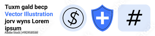 Dollar sign in circle, shield with cross, and metadata tag in separate frames. Ideal for finance, healthcare, social media, technology, data, branding simple landing page