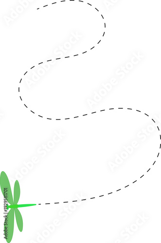 Dragonfly flying path. A Dragonfly flying in a dotted line. The flight path of Dragonfly. Dragonfly flying on a dotted route. Hand drawn moth. Spring and summer Vector illustration.