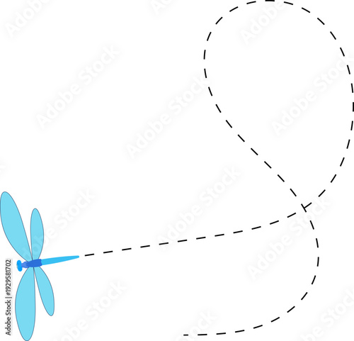 Dragonfly flying path. A Dragonfly flying in a dotted line. The flight path of Dragonfly. Dragonfly flying on a dotted route. Hand drawn moth. Spring and summer Vector illustration.