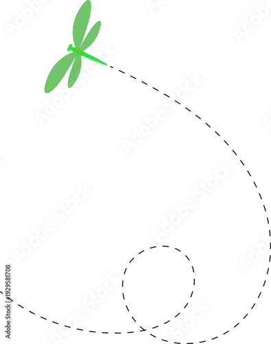 Dragonfly flying path. A Dragonfly flying in a dotted line. The flight path of Dragonfly. Dragonfly flying on a dotted route. Hand drawn moth. Spring and summer Vector illustration.