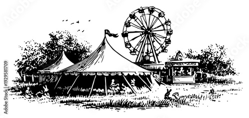 Classic woodcut illustration of a vintage carnival with a circus tent and a ferris wheel