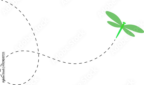 Dragonfly flying path. A Dragonfly flying in a dotted line. The flight path of Dragonfly. Dragonfly flying on a dotted route. Hand drawn moth. Spring and summer Vector illustration.