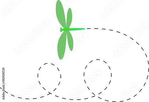 Dragonfly flying path. A Dragonfly flying in a dotted line. The flight path of Dragonfly. Dragonfly flying on a dotted route. Hand drawn moth. Spring and summer Vector illustration.