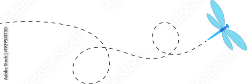 Dragonfly flying path. A Dragonfly flying in a dotted line. The flight path of Dragonfly. Dragonfly flying on a dotted route. Hand drawn moth. Spring and summer Vector illustration.