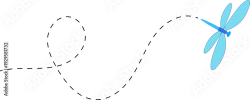 Dragonfly flying path. A Dragonfly flying in a dotted line. The flight path of Dragonfly. Dragonfly flying on a dotted route. Hand drawn moth. Spring and summer Vector illustration.