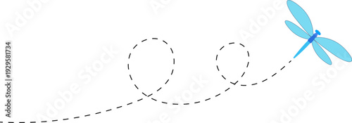 Dragonfly flying path. A Dragonfly flying in a dotted line. The flight path of Dragonfly. Dragonfly flying on a dotted route. Hand drawn moth. Spring and summer Vector illustration.
