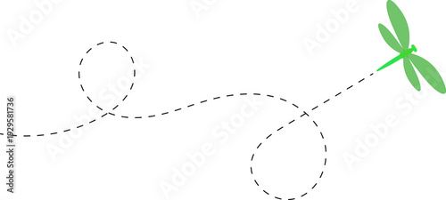 Dragonfly flying path. A Dragonfly flying in a dotted line. The flight path of Dragonfly. Dragonfly flying on a dotted route. Hand drawn moth. Spring and summer Vector illustration.