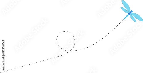 Dragonfly flying path. A Dragonfly flying in a dotted line. The flight path of Dragonfly. Dragonfly flying on a dotted route. Hand drawn moth. Spring and summer Vector illustration.