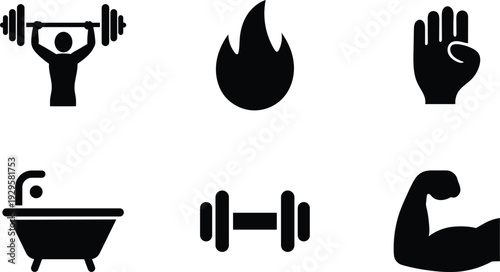 Collection of black fitness and lifestyle icons including weightlifting fire hand gesture bathtub dumbbell and flexing bicep