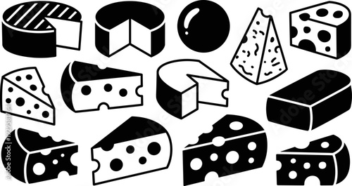 Cheese varieties illustration, black and white drawing, Swiss cheese wedge, round wheel, rectangular block, textured surface, dairy food artwork, culinary design
