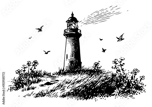 Detailed vintage woodcut illustration of a lighthouse on a grassy hill with seagulls flying