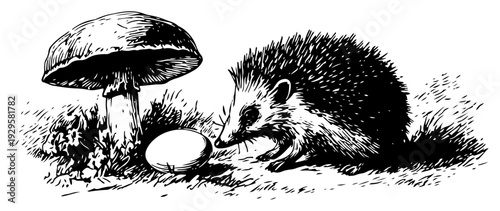 Vintage hand drawn illustration of a small hedgehog next to a mushroom and an egg in nature