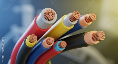 Close-up view of multicolored electrical cables with exposed copper wiring in an industrial setting
