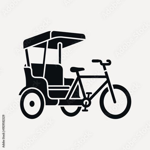 Black silhouette of a three-wheeled bicycle rickshaw with a canopy against a light background