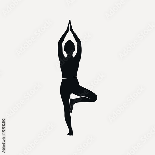 Black silhouette of a woman performing the vrksasana yoga pose on a light cream background