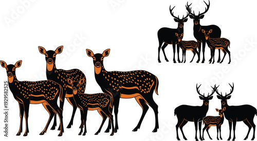 Stylized illustration of deer family groups with antlers, fawns, and adult females in black and orange spotted design for wildlife themes.