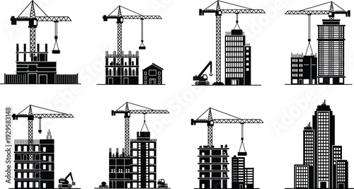 Building construction stages with tower cranes and high rise structures, black silhouette vector illustration set, urban development and engineering concept