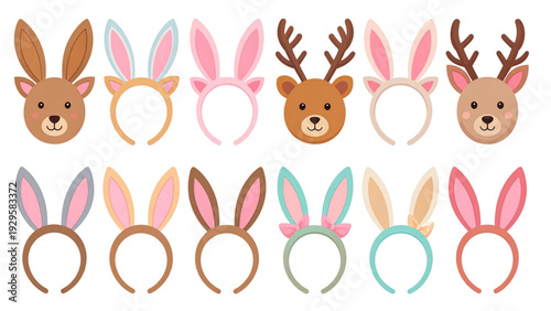 Cute Animal Ear Headband Collection Colorful Party Hair Accessories Vector Set