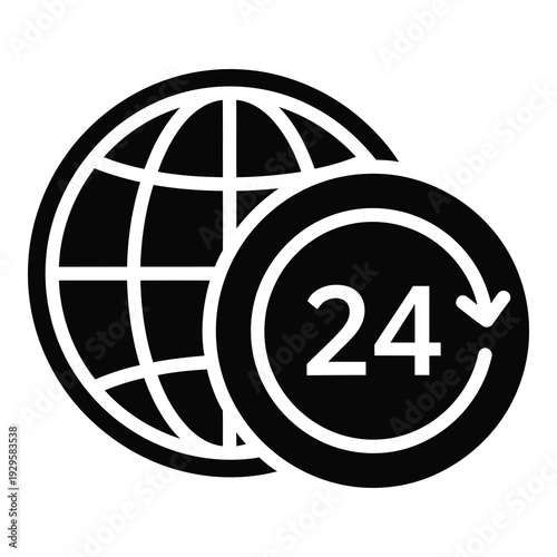 Black and white icon of a globe with a 24 hour symbol icon